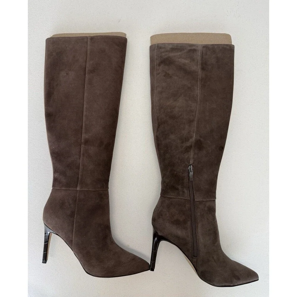 Nine West Richy Women's Knee High Boots Size 7 Dark Brown Suede Stiletto Heel